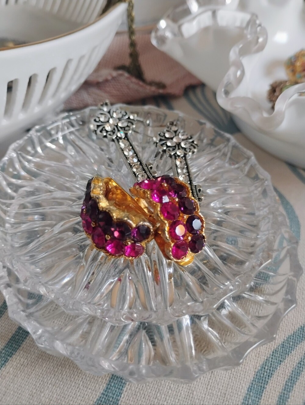 Vintage, Colorblock Cz Jewel Clipon Earrings